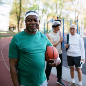 Portrait of a cheerful senior man exercising outdoors with his senior male friends, leading a healthy lifestyle and holding a basketball, smiling